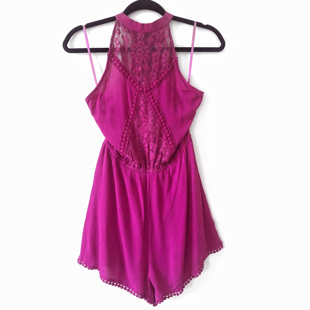 love, Fire Pink High Neck Lace Detail Romp…